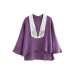 Fashion Purple Retro Embroideried Patchwork Summer Linen Blouse