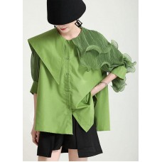 Style Green Asymmetrical Design Patchwork Wrinkled Blouses Half Sleeve