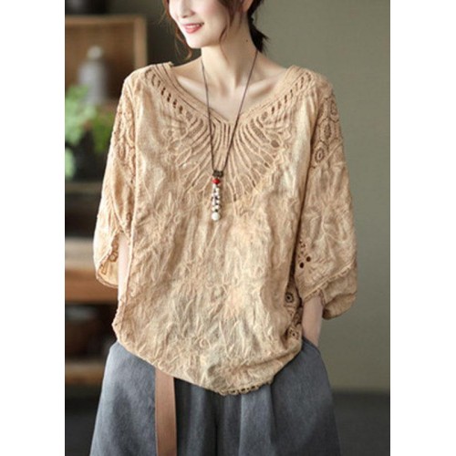 Boho Khaki Cotton V Neck Embroideried Hollow Out Summer Blouses