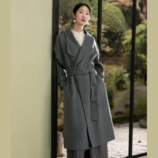 Elegant gray green woolen coats plus size clothing back open winter coat tie waist outwear