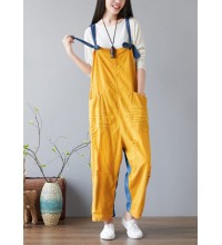 Fashion Yellow pockets Patchwork denim Jumpsuit Spring